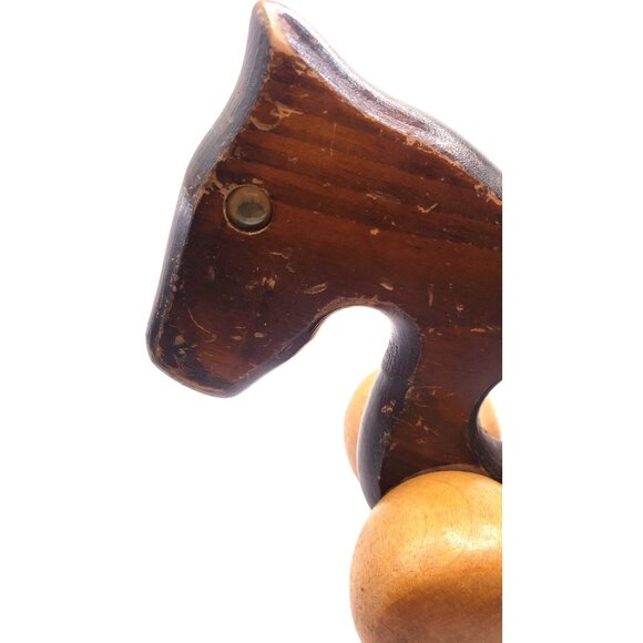 Vintage Wooden Horse Rolling Toy With Rope Tail & Smooth Wheels Handcrafted - Picture 3 of 13